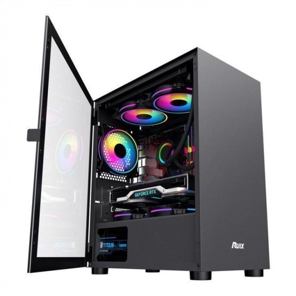 Cassa per computer ETEK - Design fresco e pulito, pannello anteriore in acciaio stampato integrato, porte girevoli a cerniera di vetro temperato