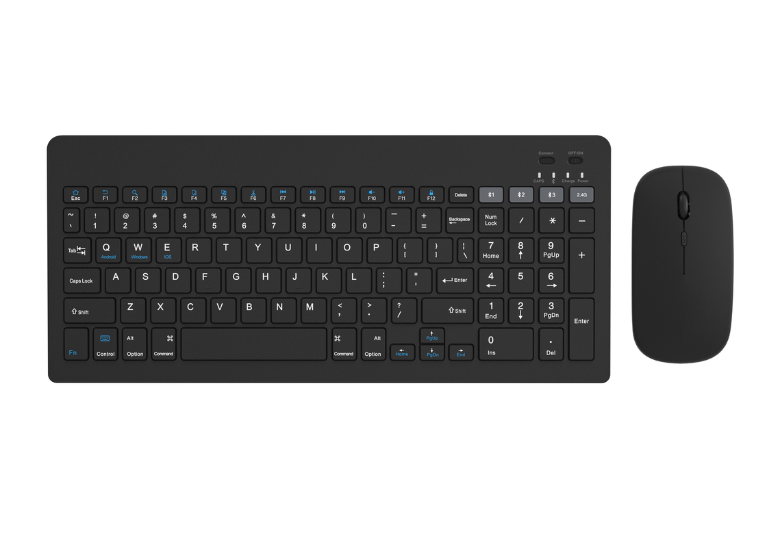 Tastiera wireless minimalista tutta nera a 99 tasti con ricarica wireless Multi-DPI 4D Mouse per uffici case