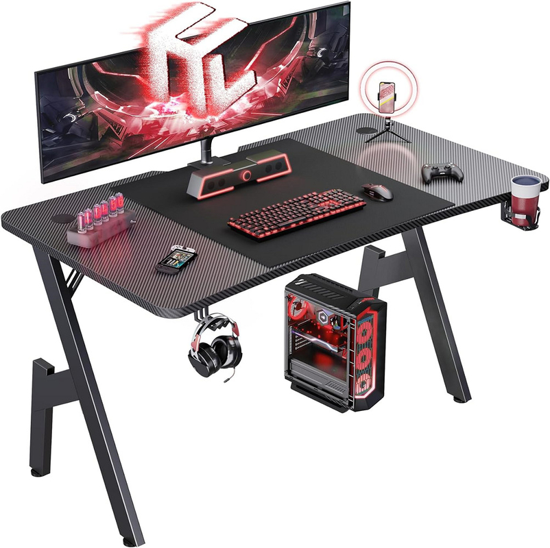 Tavolo da gioco ergonomico con tavola a particolato da 1,2 cm e rivestimento in fibra di carbonio con portacoppe ed auricolari