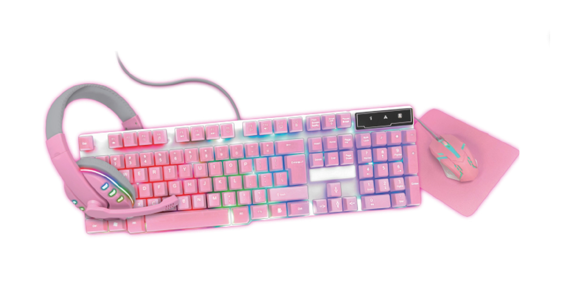 Tastiera da gioco compatta e leggera, rosa, con retroilluminazione arcobaleno statica e cuffie rosa corrispondenti.
