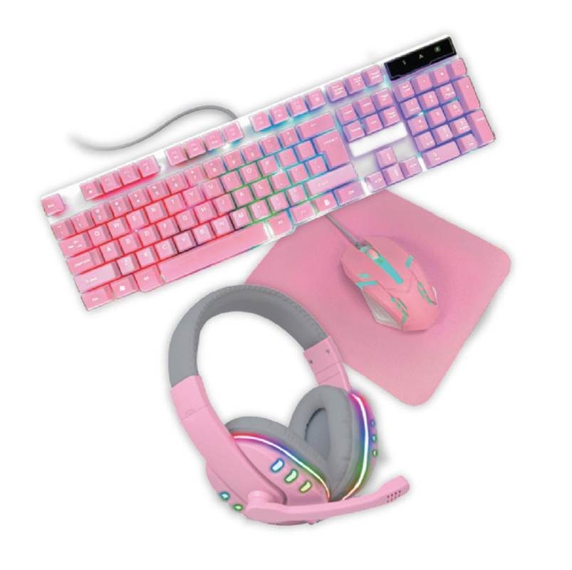 Tastiera da gioco compatta e leggera, rosa, con retroilluminazione arcobaleno statica e cuffie rosa corrispondenti.