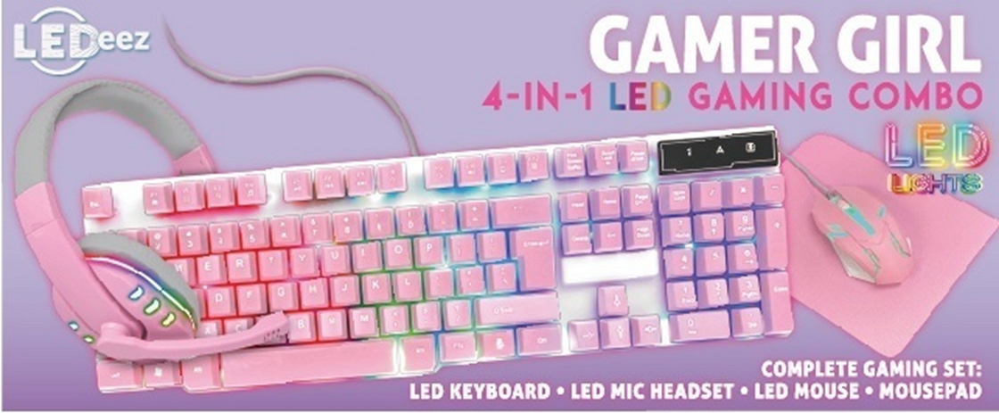 Tastiera da gioco compatta e leggera, rosa, con retroilluminazione arcobaleno statica e cuffie rosa corrispondenti.