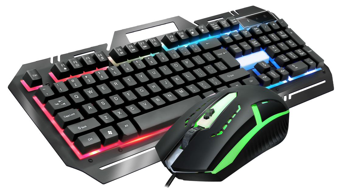 Tastiera per giochi in metallo con 104 tasti FN+F1-F12 Funzioni mouse per giochi a retroilluminazione a LED con illuminazione RGB regolabile DPI (500-1500)