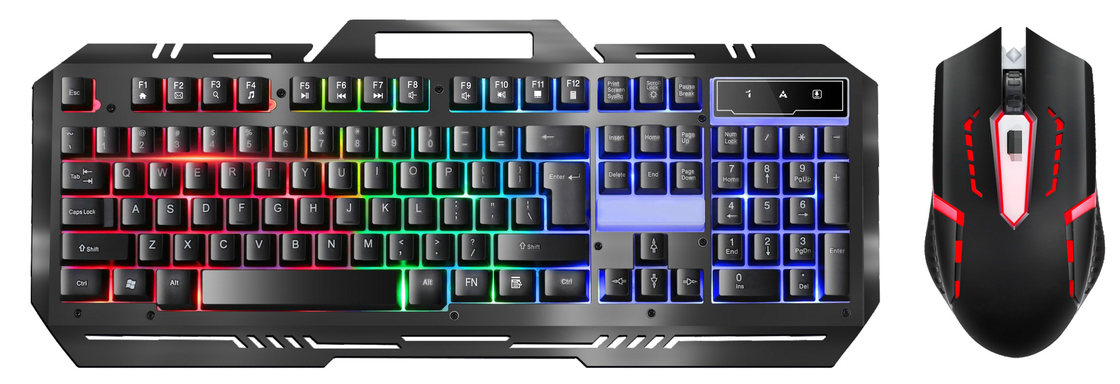 Tastiera per giochi in metallo con 104 tasti FN+F1-F12 Funzioni mouse per giochi a retroilluminazione a LED con illuminazione RGB regolabile DPI (500-1500)