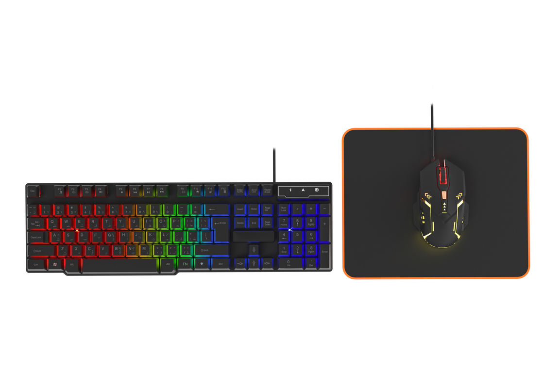 Illuminazione statica color arcobaleno Tastiera a pellicola di carbonio di fascia alta 6D Mouse per giochi cablato con ergonomia Pad comodo