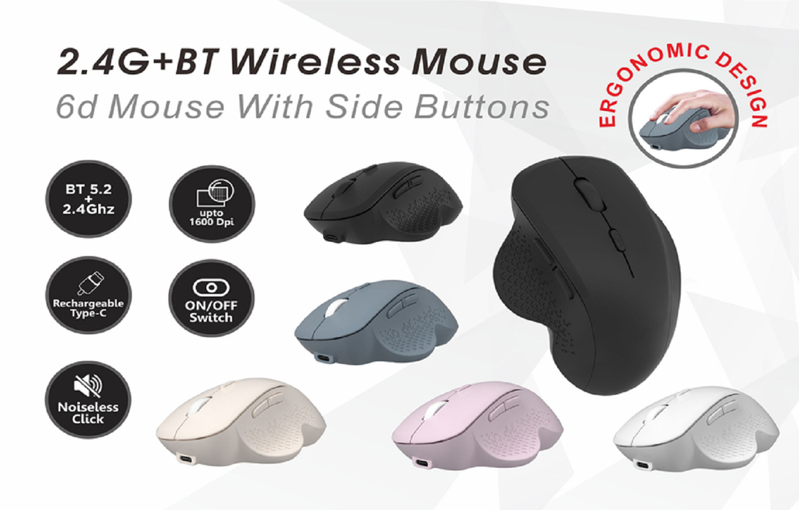 Un mouse 6D con pulsanti laterali.2.4G, Bluetooth 5.2