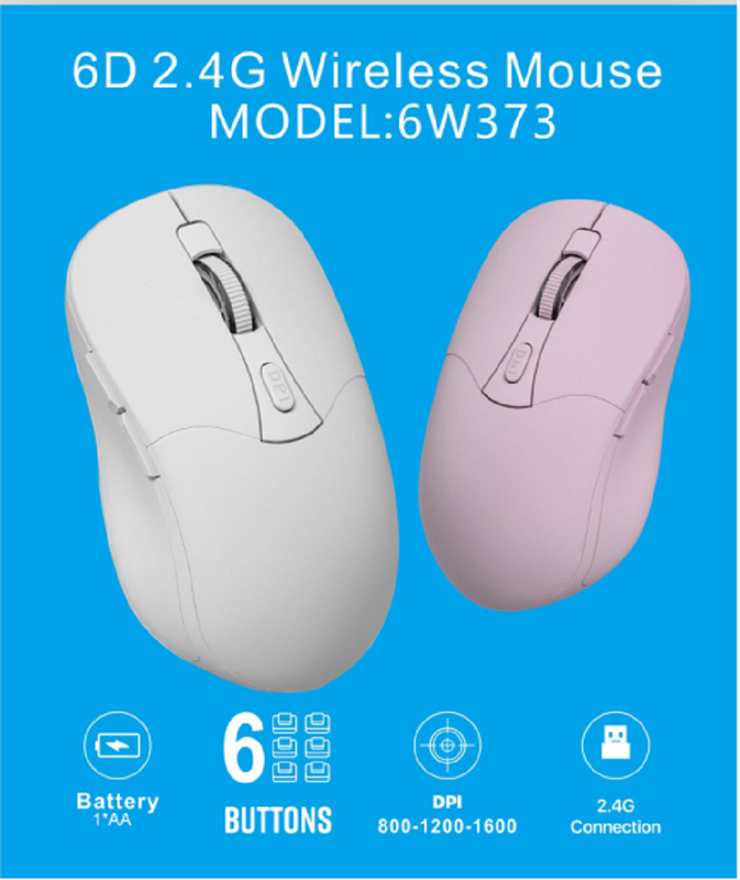 6D, connessione 2.4G, 800-1200-1600 DPI, batteria 1*AA, interfaccia tipo-C, 6 pulsanti.