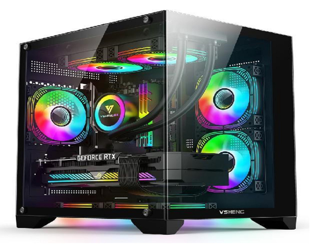 Disegno panoramico Illuminazione RGB Supporta Micro-ATX/Mini-ITX Adatta GPU da 330 mm 4 slot e CPU cooler da 170 mm 6 supporti ventilatori