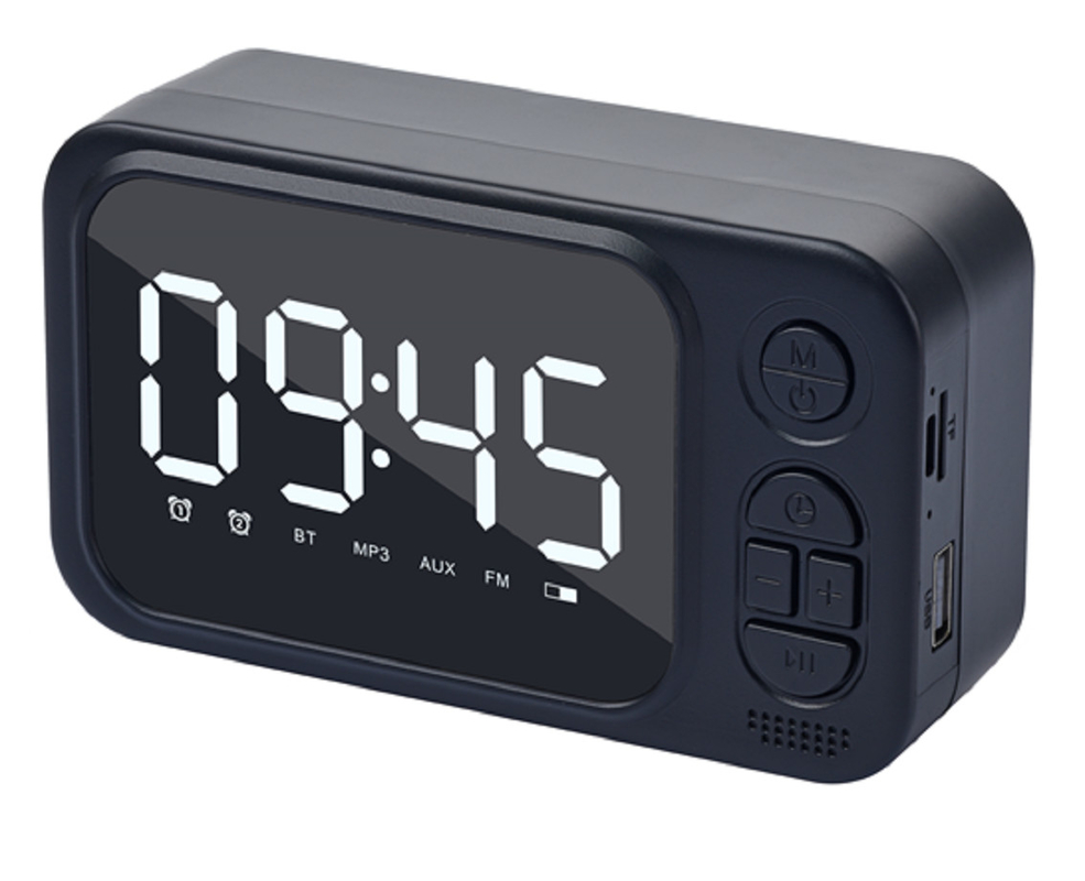 Altoparlante da 52 mm, uscita RMS da 3 W, supporta Bluetooth, AUX, scheda TF, USB, radio FM e orologio.