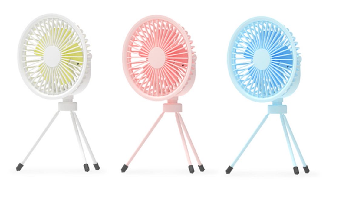 Ventilatore portatile ETEK 3-in-1 (Rosa/Blu/Bianco), batteria da 2000mAh (4 ore di ricarica), materiale ABS+PP+Acciaio, 3 modalità: treppiede/sospensione/portatile