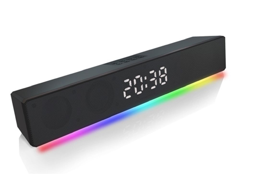 Soundbar con doppio driver da 2 pollici con uscita totale RMS da 10 W Orologio RGB 5 modalità di ingresso BT/FM/USB/TF/AUX Costruzione in ABS + rete metallica