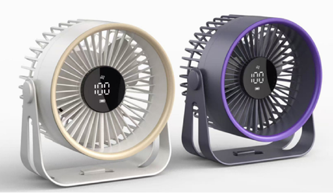 Ventilatore da scrivania ricaricabile, batteria da 2400mAh, 5 livelli di velocità, ricarica USB, materiale ABS+PP, bianco/nero