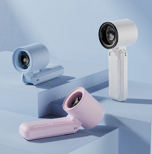 Ventilatore USB pieghevole ad alta velocità con display LED, 3000mAh, 5 velocità, Type-C, Nero/Viola/Blu/Bianco, per viaggi, ufficio e uso all'aperto