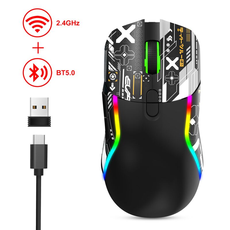 Un mouse da gioco RGB wireless a doppia modalità,2.4G + Bluetooth, 3200 DPI, 8 pulsanti, batteria da 600mAh, ricaricabile di tipo C, ABS, stampa laser