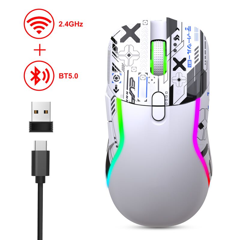 Un mouse da gioco RGB wireless a doppia modalità,2.4G + Bluetooth, 3200 DPI, 8 pulsanti, batteria da 600mAh, ricaricabile di tipo C, ABS, stampa laser