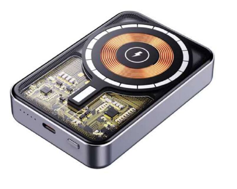 10000mAh Transparent Mecha Power Bank   22,5W cablato + 15W MagSafe-compatibile Magnetic Wireless Charging, Gunmetal, base in lega di alluminio, 94×63×17.5mm