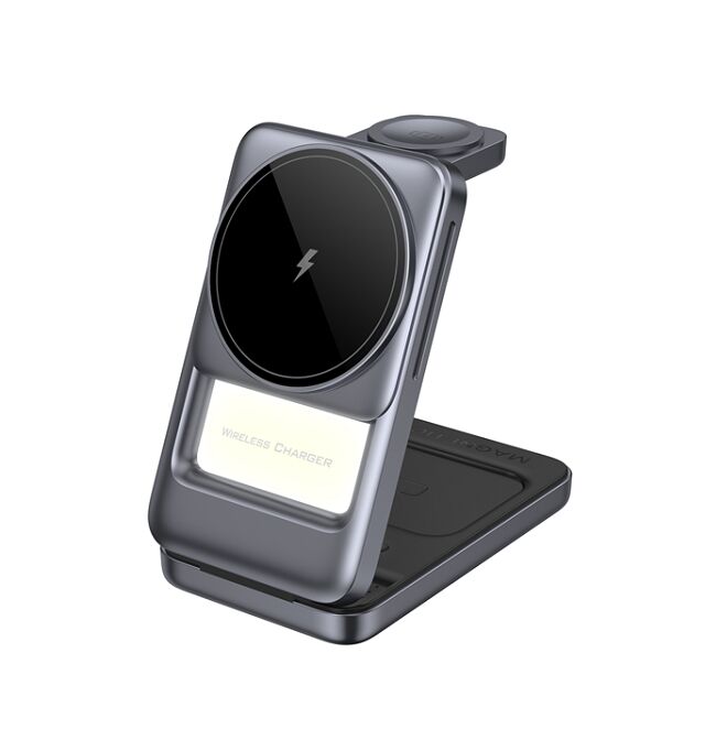 Caricabatterie wireless 3 in 1 pieghevole, Blu/Grigio, Argento/Grigio, Plastica+Metallo, 15W Telefono, 2.5W Orologio, 5W Auricolari, Luce notturna