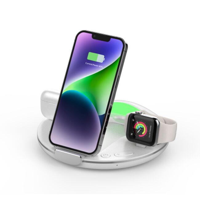 Caricabatterie wireless magnetico 4-in-1, Ricarica 15W per telefono, 2.5W per orologio, 5W per auricolari, Nero/Bianco