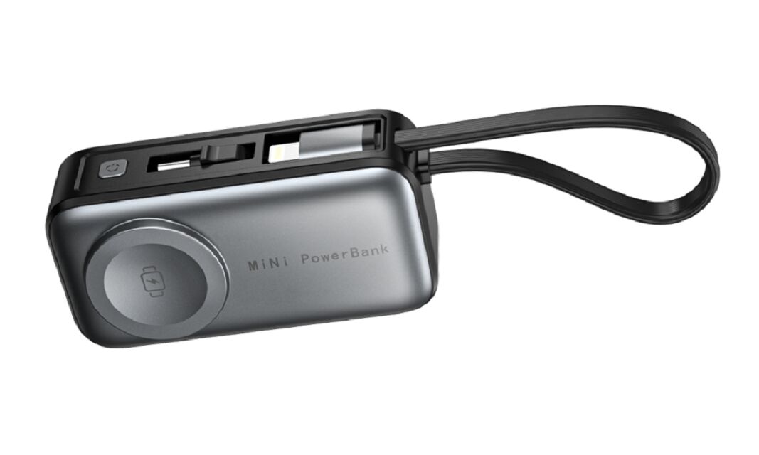 5000mAh Mini Wireless Power Bank, 18W PD, Watch 2.5W, doppio ingresso (USB-C + Lightning), Bianco / Argento & Nero / Grigio