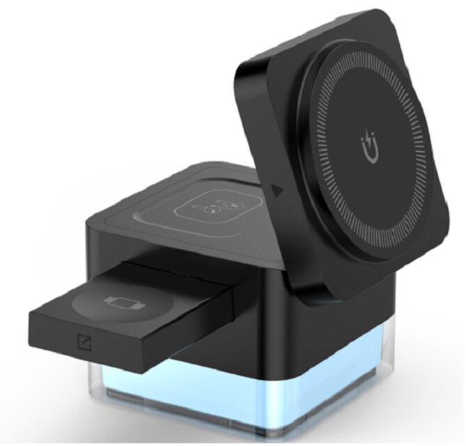 Caricabatterie wireless 3 in 1, Cube Design per iPhone, Watch & Earbuds, luce ambiente RGB