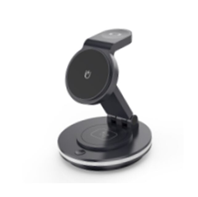 Caricabatterie wireless rotante 4-in-1, 15W telefono + 2,5W orologio + 3W auricolari + luce d'atmosfera a LED