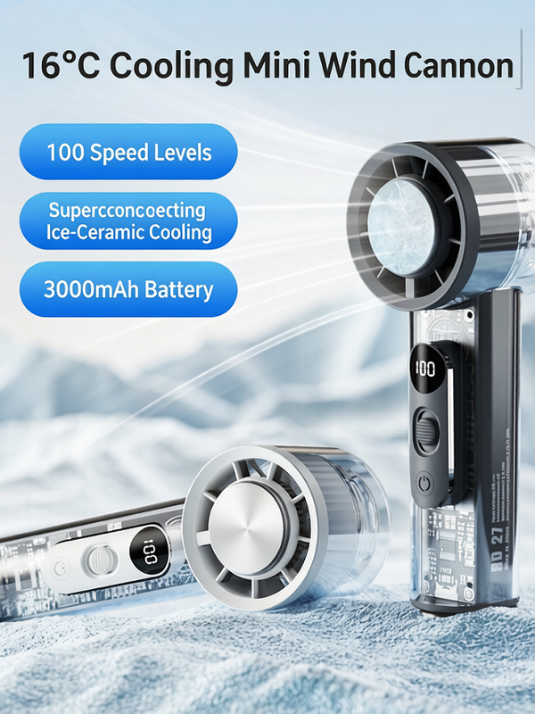 Ventilatore portatile a semiconduttore con raffreddamento, regolazione a 100 livelli, display digitale, 3000mAh Type-C con base e gancio