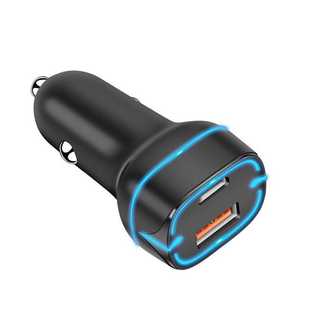 Caricabatterie da auto dual-port da 38W, uscita reale PD20W+QC18W, ingresso ampio 12-24V, LED blu