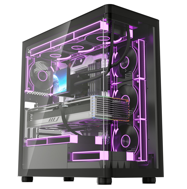 Case da gioco ATX con frontale in vetro curvo, supporto AIO da 360 mm + GPU da 410 mm, I/O frontale USB 3.0, chassis tower con pannello laterale senza attrezzi