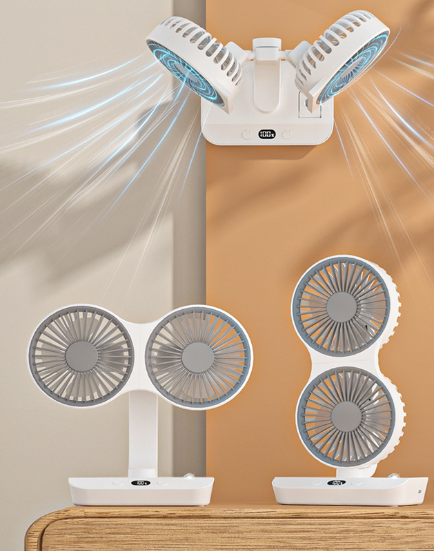 Ventilatore Ricaricabile 4-in-1 con Lampada, da Tavolo/Parete/Sospensione, Rotazione a 360 gradi e Batteria da 2400mAh